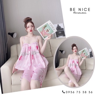 Set lụa latin mặc nhà dây xếp li lửng, Be Nice Homewear