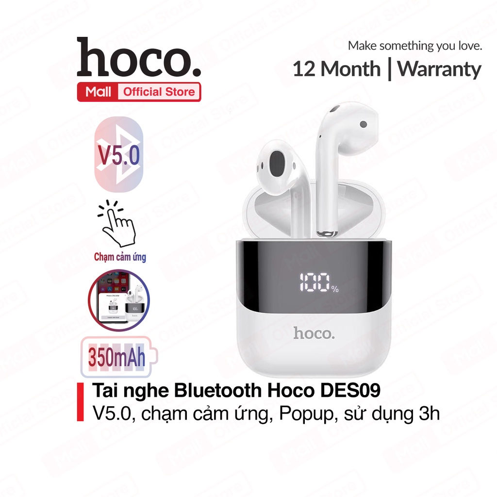 Tai nghe bluetooth Hoco DES09 V5.0, dung lượng pin 350mAh, thời gian sử dụng 3h, chạm cảm ứng trên tai, dock có LED