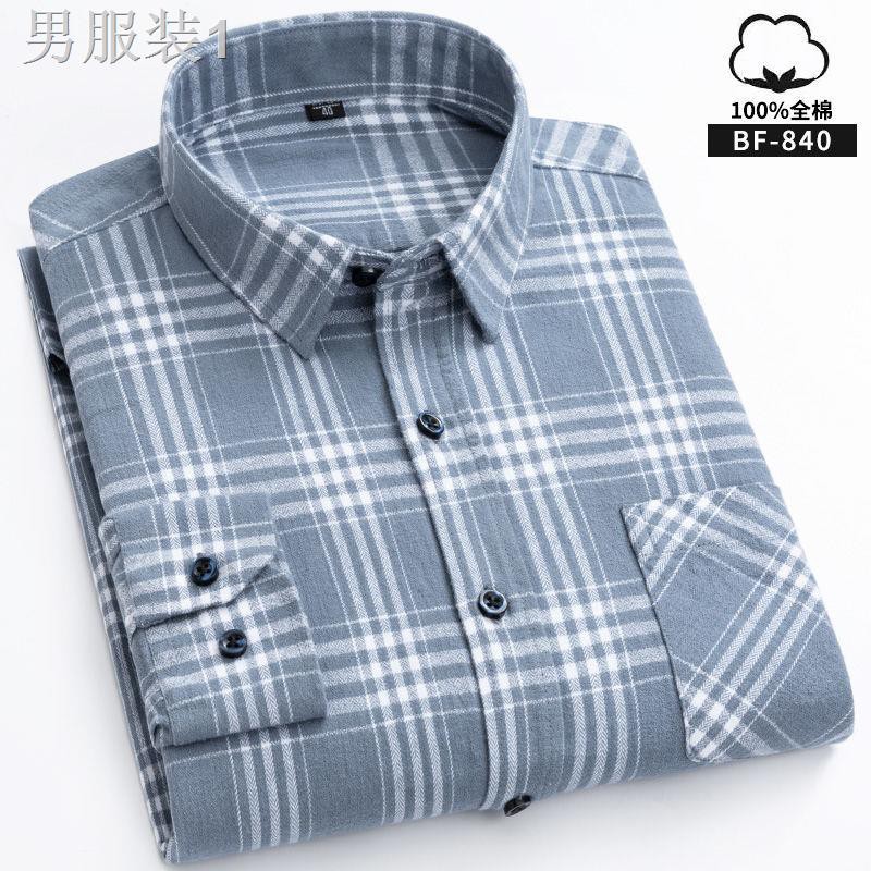 ✱Áo sơ mi kẻ sọc dài tay bằng vải bông dành cho nam giới mùa xuân và thu trung niên thoáng khí rộng rãi cotton ☭