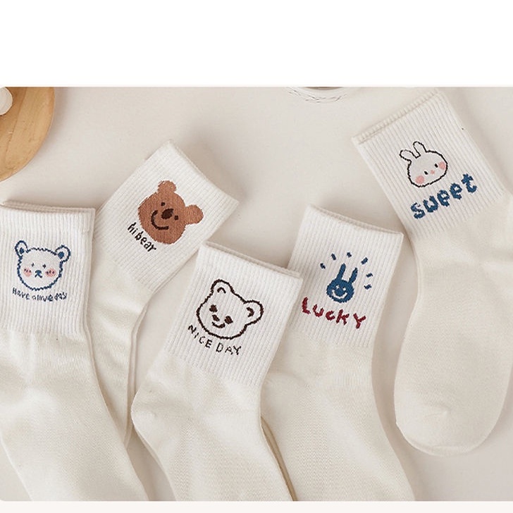 Tất nữ cổ vừa (5 đôi) màu trắng nhiều hình cute De Luna T004