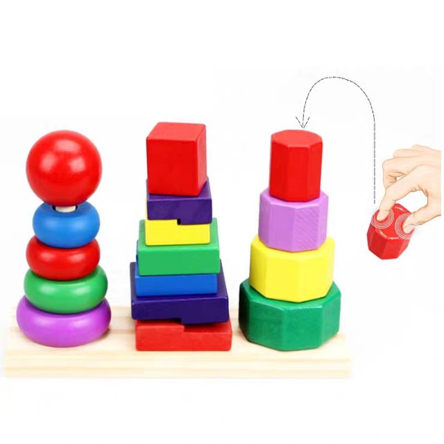 Đồ chơi 3 tháp xếp chồng trên thanh ngang - Montessori