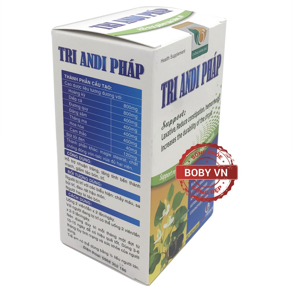 Tri andi Pháp nhuận tràng, giảm táo bón, trĩ - Hộp 40 viên - Bobyvn