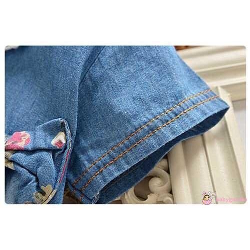 Đầm Denim cộc tay cổ tròn in hoa đáng yêu cho bé gái