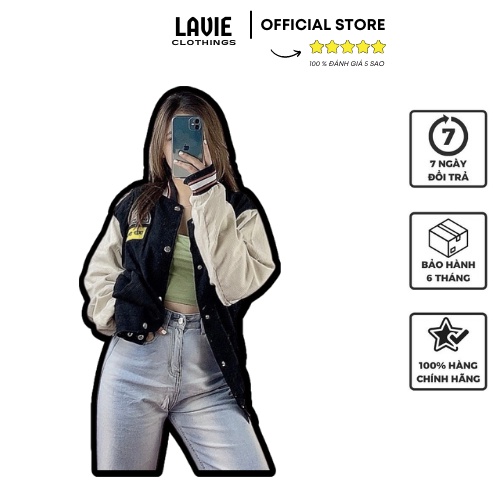 Áo khoác bomber varsity jacket unisex nam nữ High end thêu hình cầu vồng chất liệu nhung tăm LAVIE AK010