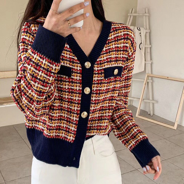Hàng Sẵn_Áo khoác len Cardigan áo dệt kim nút bạc phong cách Hàn