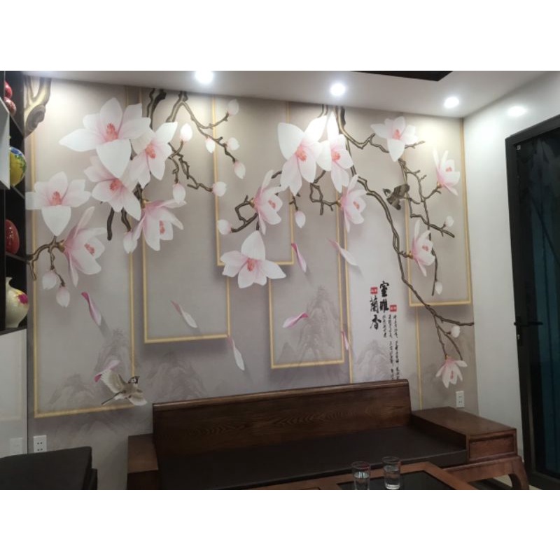 Tranh dán tường 3D trang trí phòng khách mẫu hoa đào