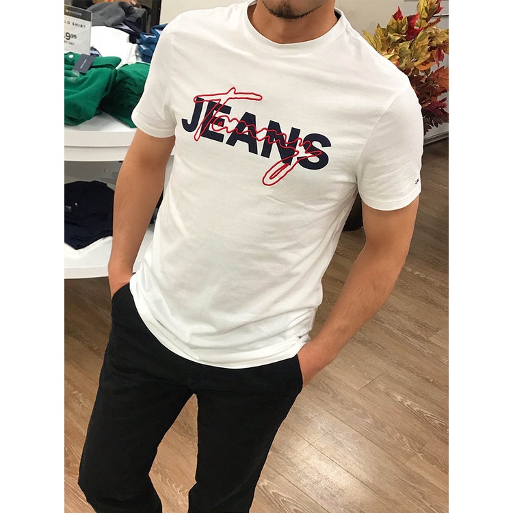 Áo Thun Cotton Tay Ngắn Cổ Tròn Thêu Logo Tommy Phối Logo Thời Trang Cho Nam Giới