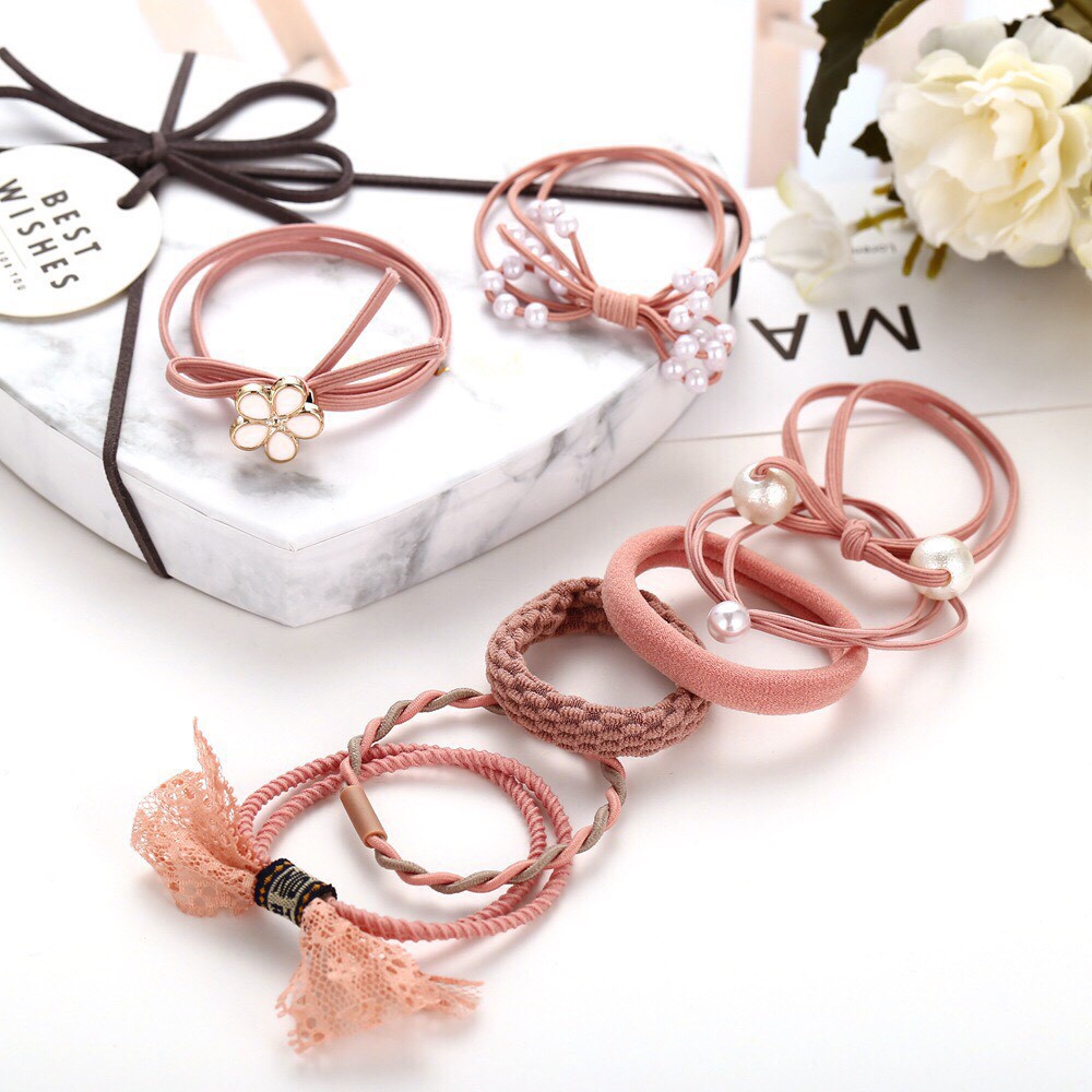 Combo 8 Dây Thun Cột Tóc Hồng, Dây Chun Cột Tóc Phong Cách Hàn Quốc Bánh Bèo Dễ Thương