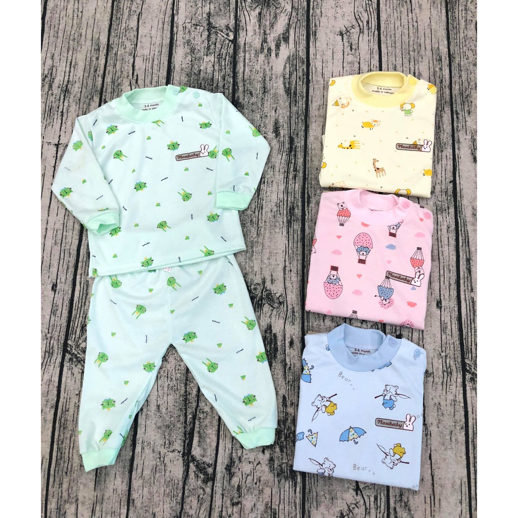 Bộ nỉ dài tay cổ 3 phân noubaby cho bé, cúc cài vai