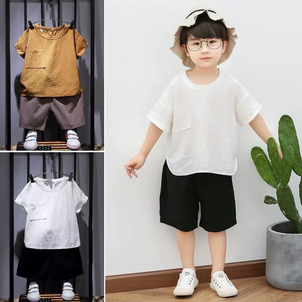 Bộ đồ bé trai, Bộ cộc tay vải đũi có túi ngực cho trẻ mặc đi chơi từ 6-28kg - LILA KIDS