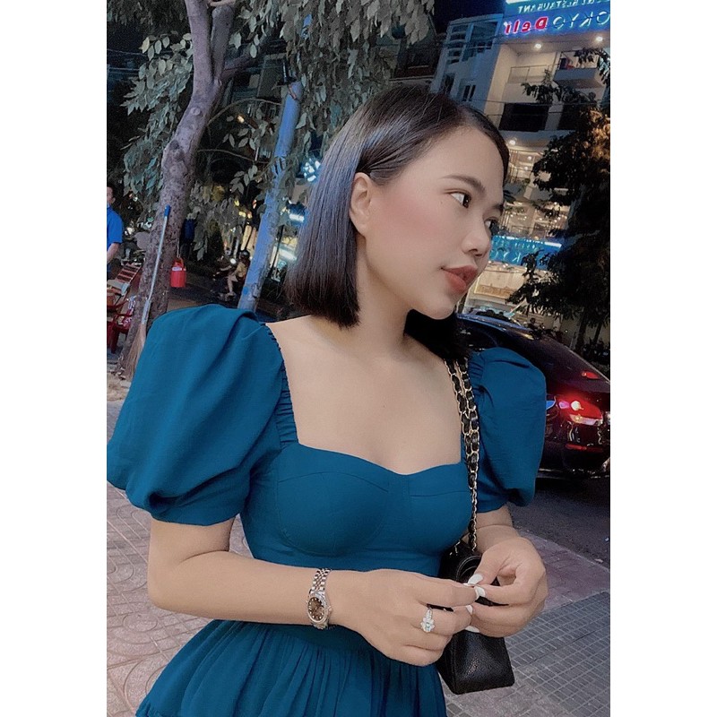 Váy xanh cúp ngực dáng xoè