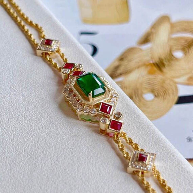 Vòng tay đá ngọc lục bảo hai lớp ghim mạ vàng hồng hạc đính kim cương giả màu xanh phong cách Pháp