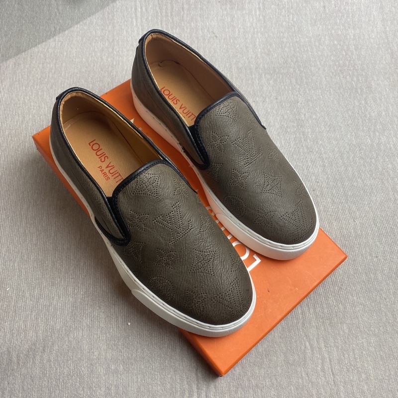 FULLBOX Giày lười Slipon lv. Giày Lười Nam Da Bò Màu Xám