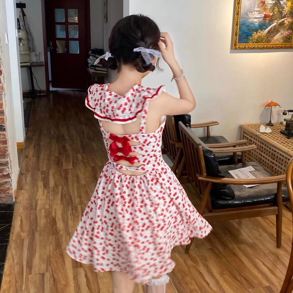 Đầm Hai Dây In Hình Trái Cherry Dễ Thương Phong Cách Lolita