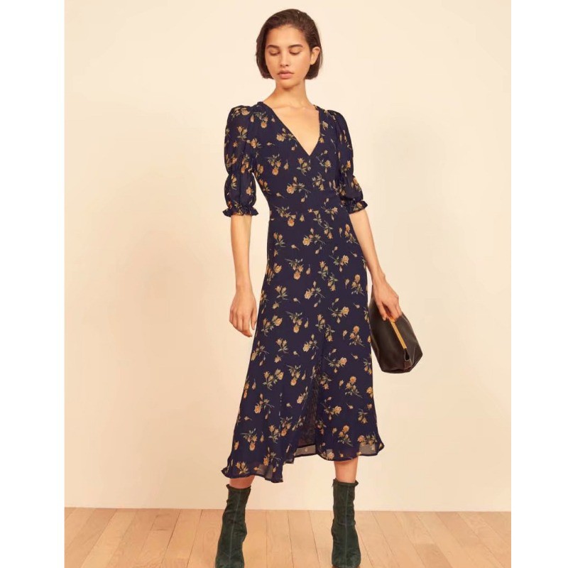 2020 autumn pullover v-neck short-sleeved flower print split dress women's clothing