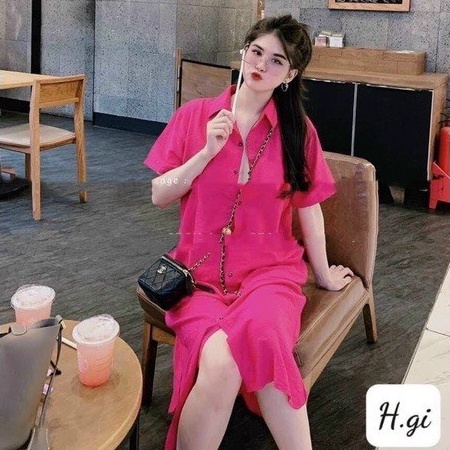 Váy sơ mi nữ NHẬT LINH đầm suông nữ form rộng chất đũi xước mềm mát mặc mùa hè - V90