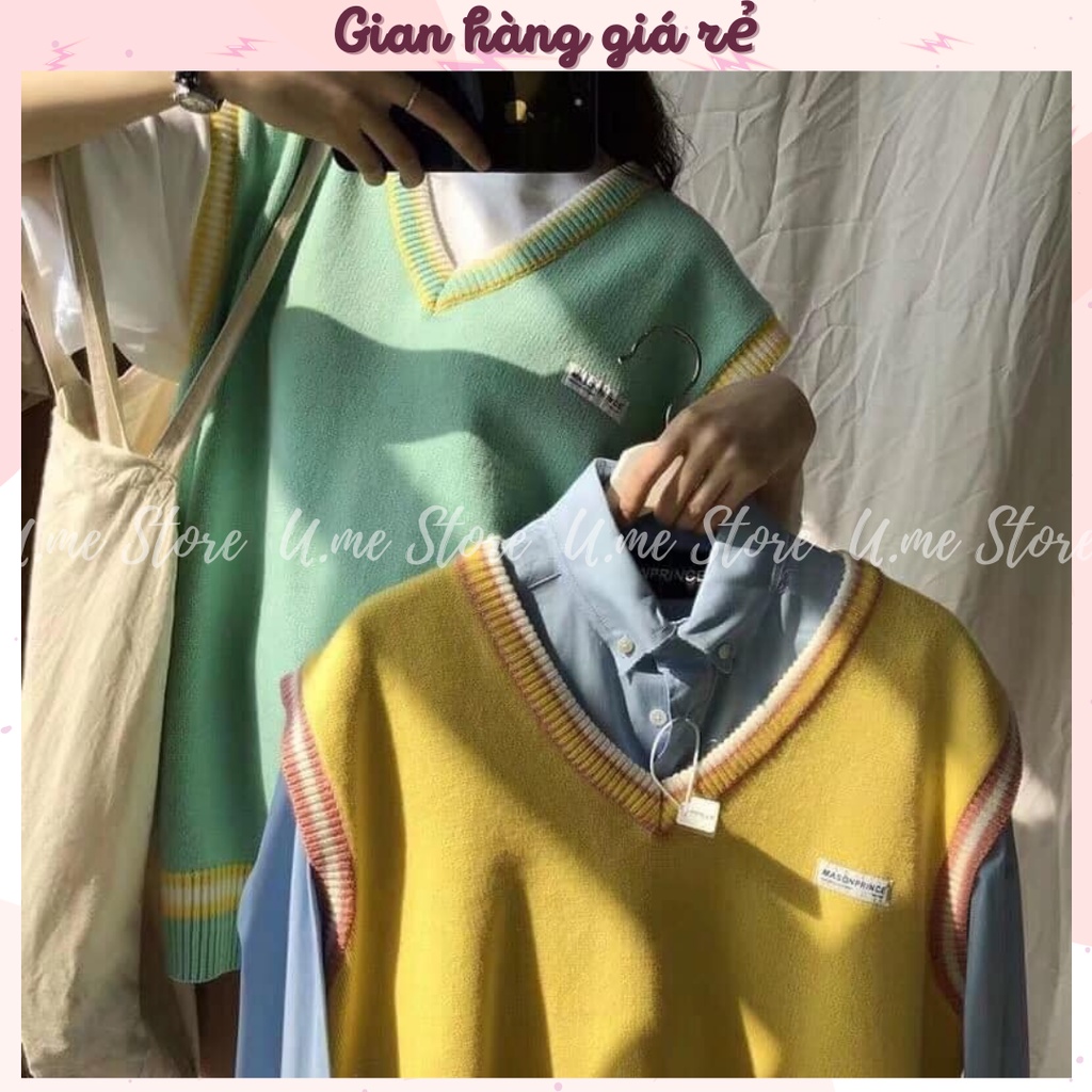 Áo Gile len Ulzzang nữ oversize Hàn Quốc giá rẻ dáng rộng cổ chữ v kèm mác ngực