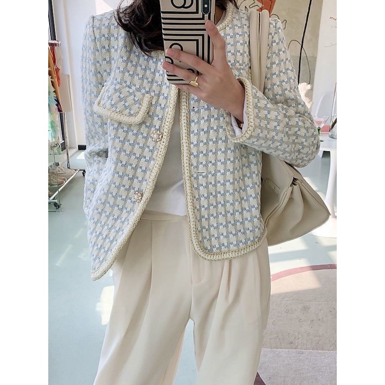 Áo Khoác Tweed Dáng Ngắn Sọc Ca Rô Phong Cách Pháp Cổ Điển Thời Trang Xuân Thu Chất Lượng Cao Cho Nữ