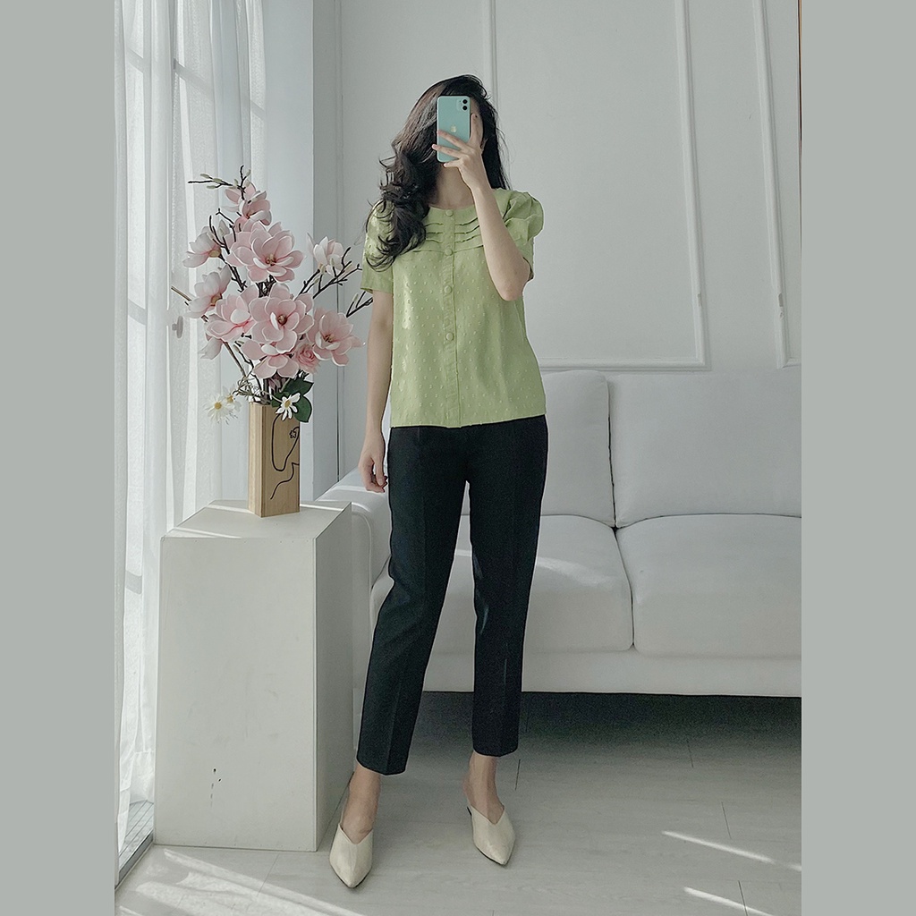 Áo nữ kiểu sơ mi công sở thiết kế thời trang Eden cổ tròn phối nút xếp li ngực chất vải mềm mịn thoáng mát - ASM158