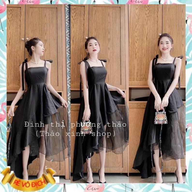 Đầm xoè hai dây phối lưới xéo tà