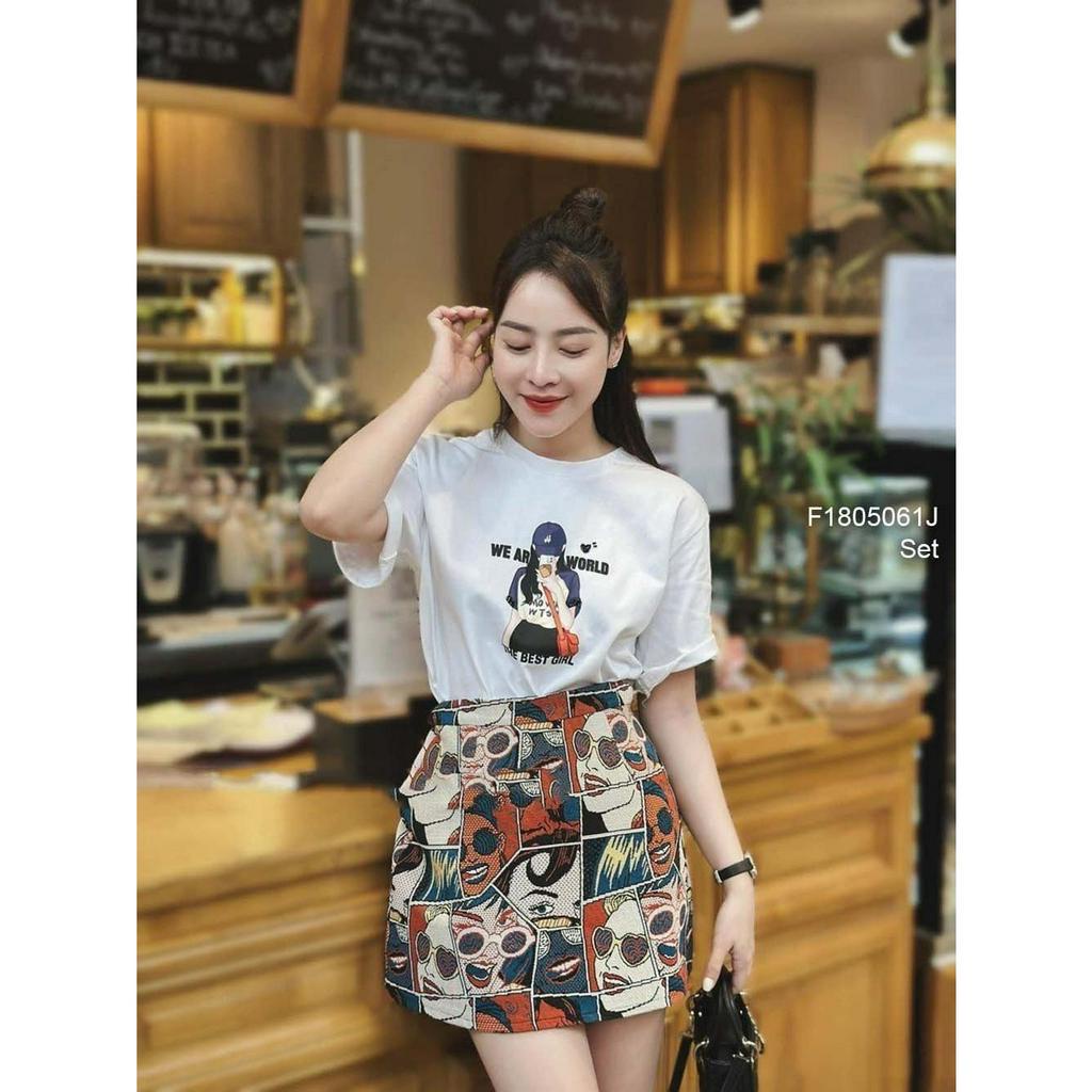 Set bộ 2 món áo thun phối họa tiết in chữ hình cô gái tay con kèm chân váy dáng ngắn gấm dệt họa tiết!