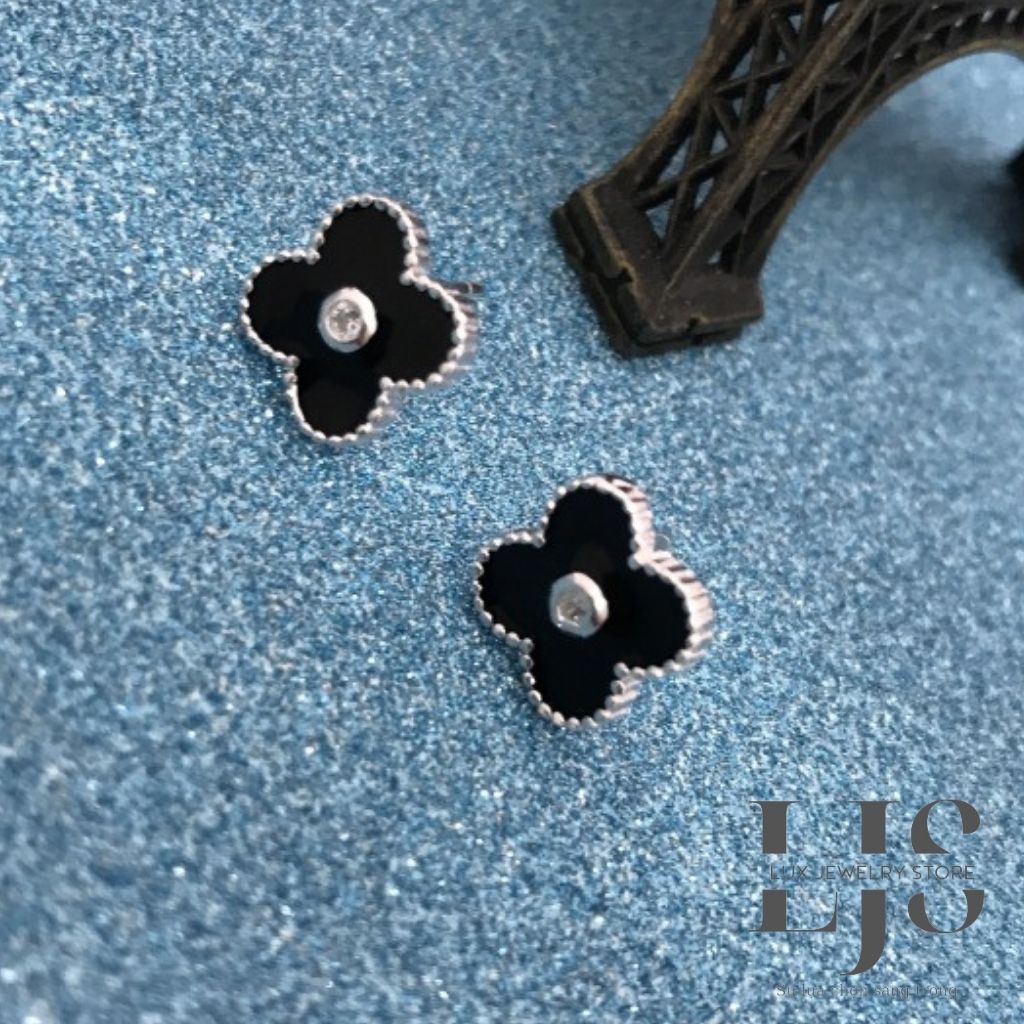 Bông tai nữ mạ bạc 925 không gỉ, khuyên tai nữ cỏ 4 cánh đính đá sang trọng - LUX954