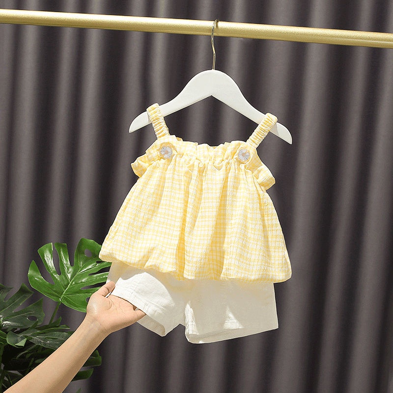 Bộ Đồ 2 Món Gồm Đầm Hai Dây Và Quần Ngắn Bằng Vải Cotton Thời Trang Hàn Quốc Dễ Thương Dành Cho Bé Gái