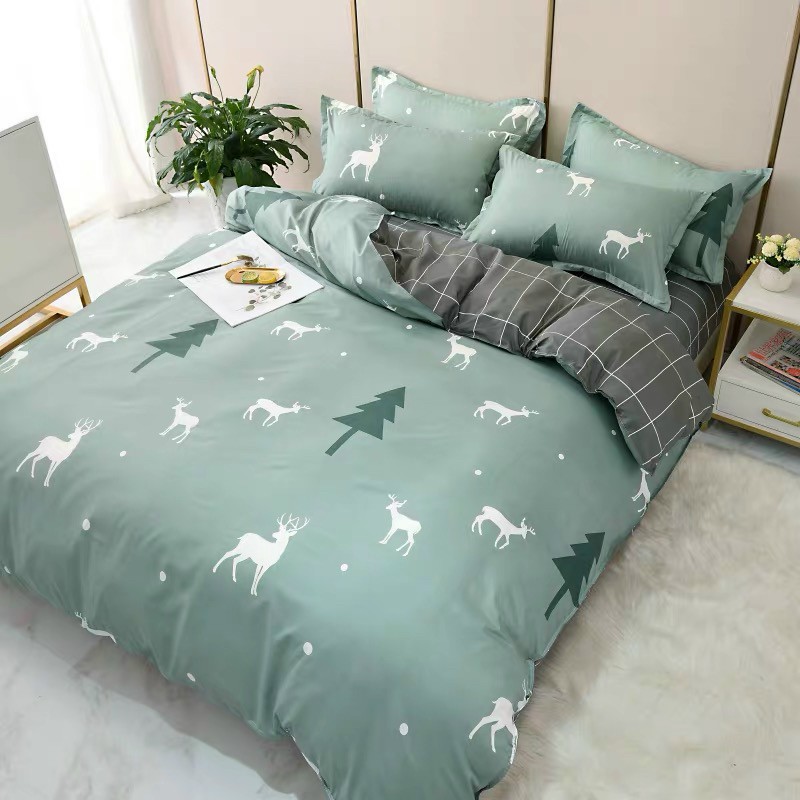 Bộ Chăn Ga Gối Cotton Poly Decor Phong Cách Hàn Quốc Họa Tiết Cây Thông Hươu Xanh