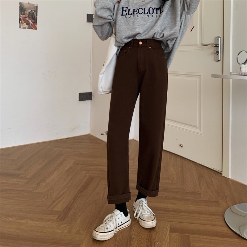 Xiaozhainv Quần Jean Ống Suông Lưng Cao Màu Nâu Thời Trang Hàn Quốc Cho Nữ