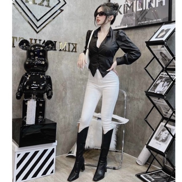 Áo sơ mi croptop tay phồng sang trọng M52
