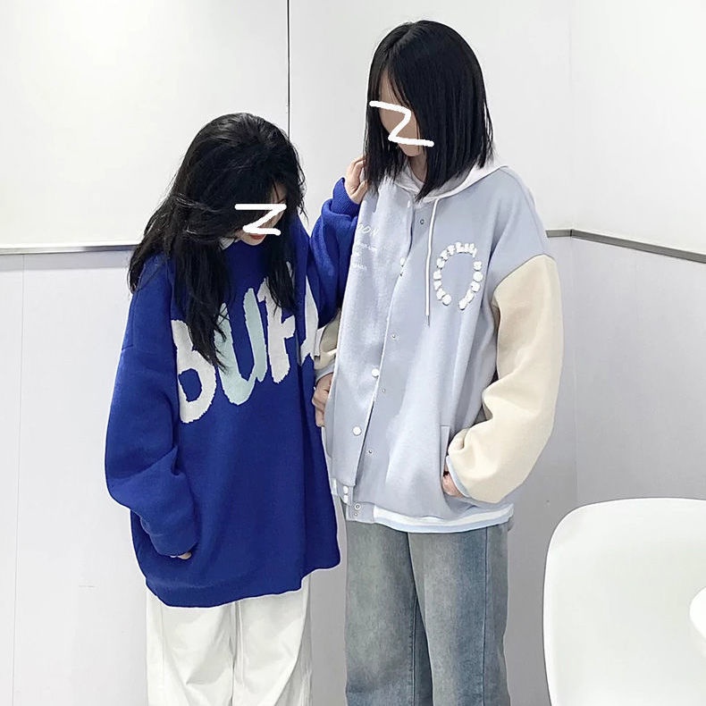 Áo Sweater dệt kim dày dặn dáng rộng in chữ màu xanh dương phong cách Hàn Quốc thời trang mùa đông cho nữ