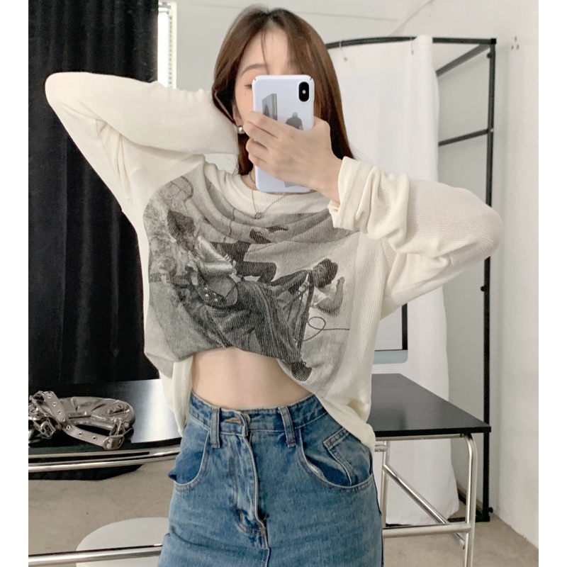 Áo Thun Dệt Kim Tay Dài Dáng Rộng In Họa Tiết Retro Xinh Xắn Cho Nữ