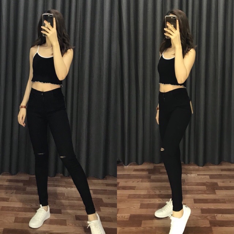Quần skinny kaki VNXK rách gấu 2 màu đen trắng co dãn ( ảnh thật)
