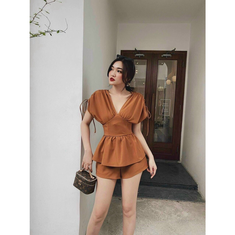 Set bộ vải for cổ chữ tay áo dây rút, set bộ hai món áo kiểu kèm quần ngắn