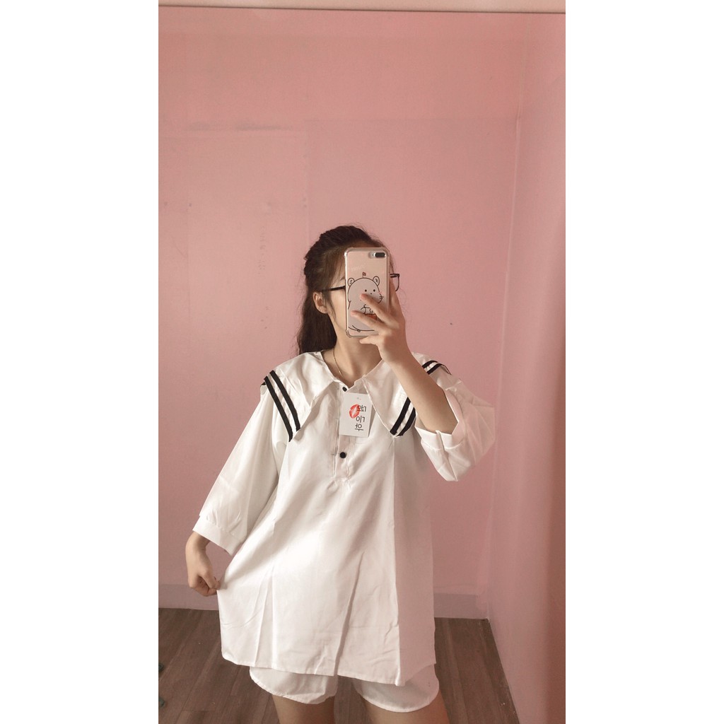 Áo sơ mi nữ Bape tay lỡ cổ thủy thủ viền đen form rộng ulzzang (màu trắng)