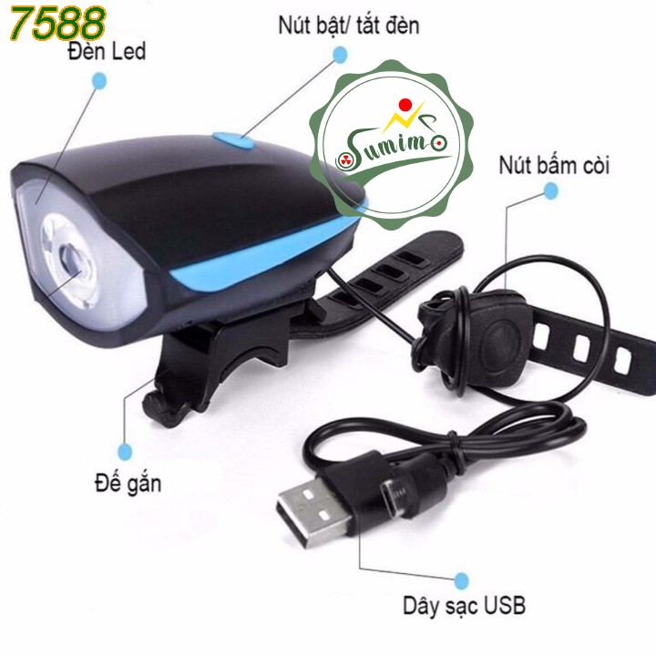 Đèn xe đạp - Đèn pha  7588 tích hợp còi sạc bằng USB - Chính hãng