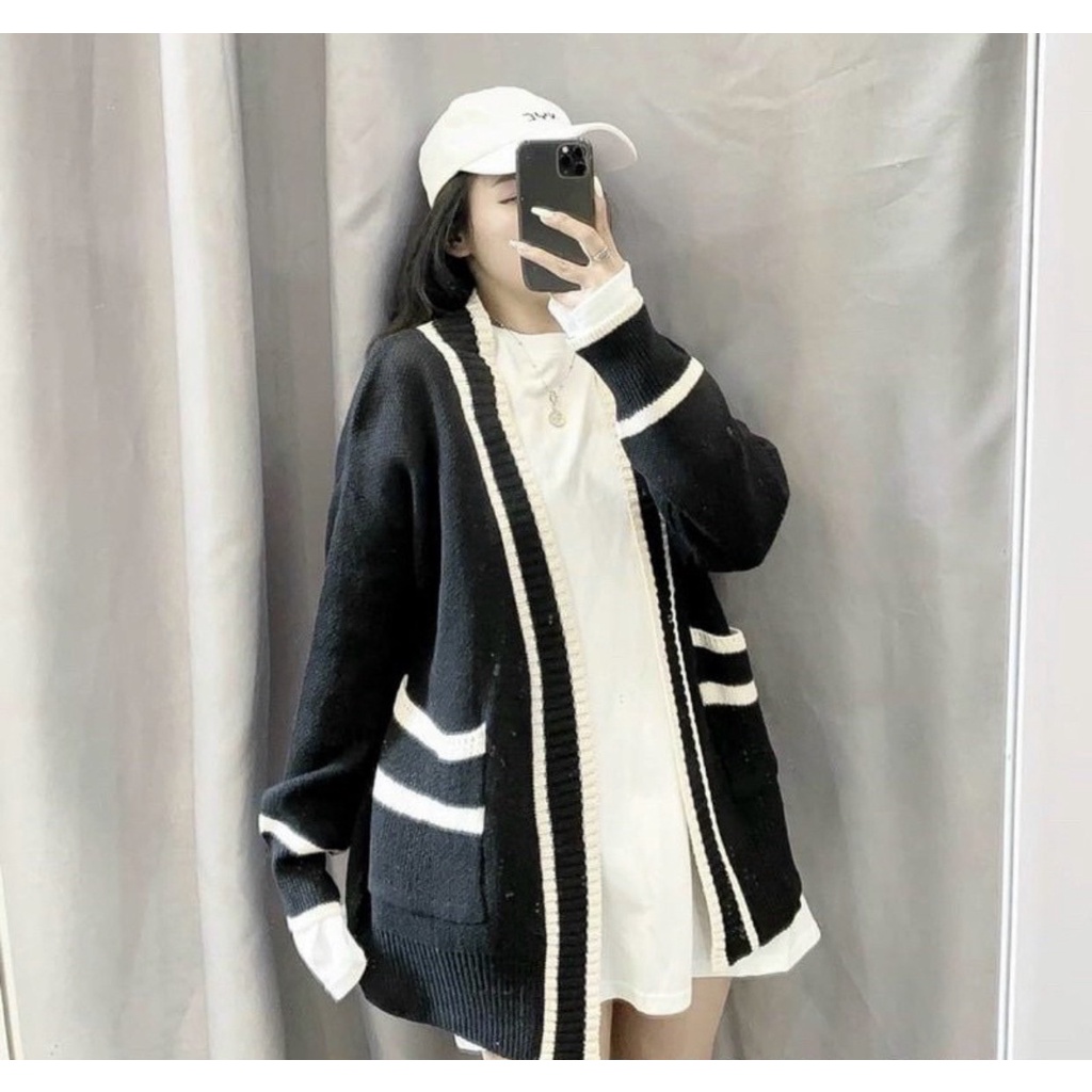 Áo Khoác Len Candigan 2 Túi Viền Sọc Áo Khoác Bigsize Đồ Mùa Đông Freesize Bigsize Quỳnh Anh Từ 50 kg Đến 90kg áo len