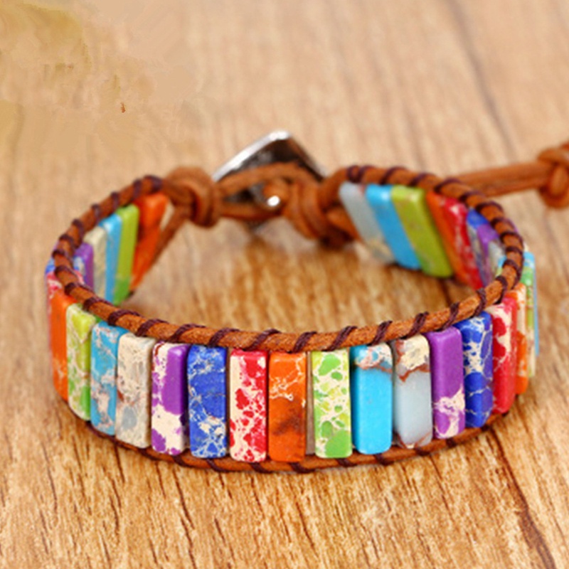 Vòng tay dây da bện phối đá Chakra phong cách Boho thời trang cho nữ