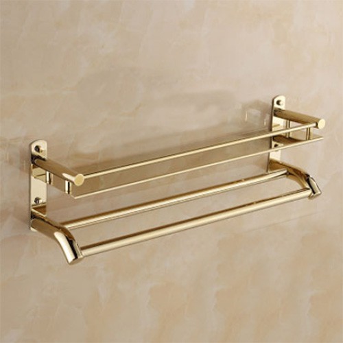 Kệ gắn tường nhà tắm, kệ để đồ phòng tắm 2 tầng vừa để đồ vừa treo khăn tắm, khăn mặt kim loại mạ sang trọng, bền đẹp | BigBuy360 - bigbuy360.vn