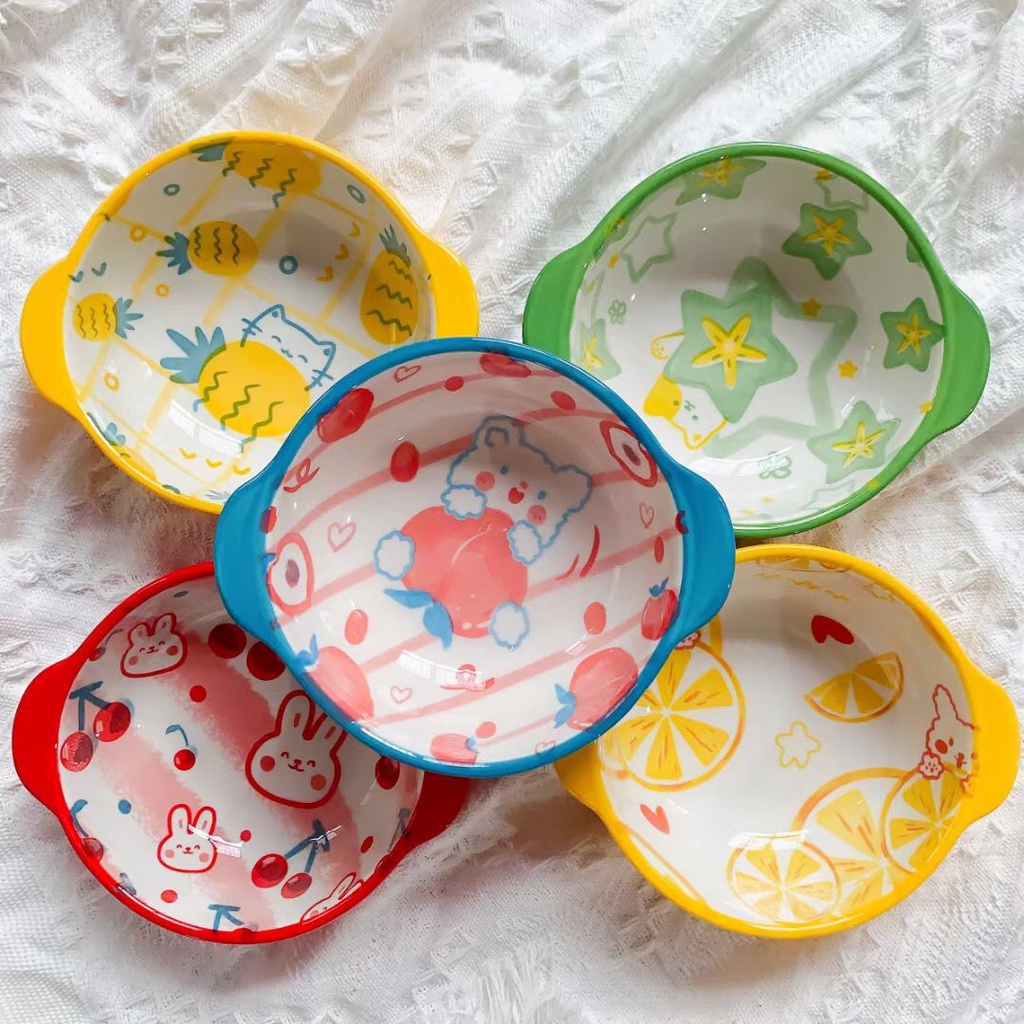Bát đĩa gốm sứ decor bát có hai tai dùng cho bé ăn dặm, ăn cơm cực xinh yêu