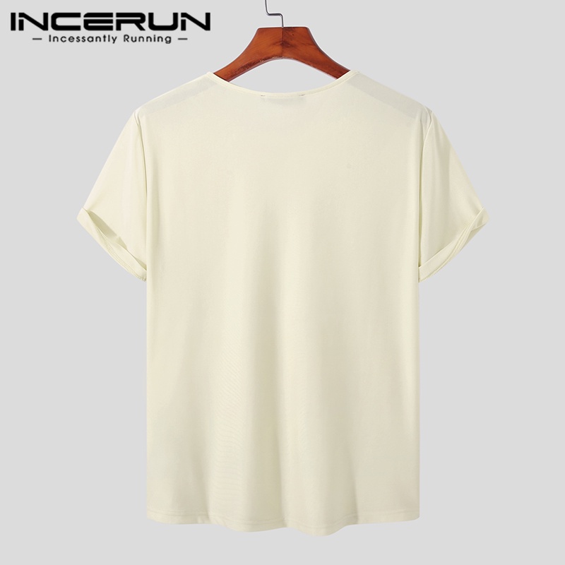 Áo thun INCERUN ngắn tay cổ tròn màu sắc đơn giản thời trang hè cho nam