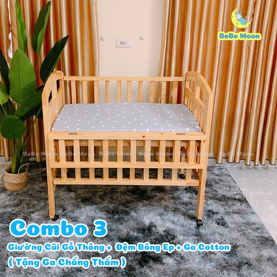 [Có Combo] Giường Cũi Cho Bé BeBe Moon Chất Liệu Gỗ Thông Màu Tự Nhiên Kích Thước [130x80x96] BH 6 Tháng