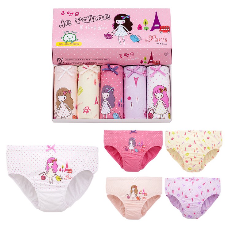 Set 5 quần xì trẻ em Hàn Quốc 100% vải cotton thoáng mát, an toàn cho sức khỏe mẫu I Love Paris dành cho bé gái