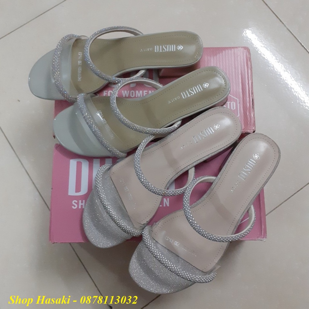 Dép nữ Dusto quai ngang phối ánh kim, gót vuông 3cm