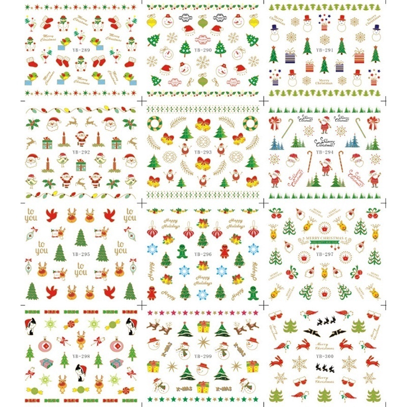 Tờ 12 miếng sticker dán trang trí móng tay hình ảnh chủ đề Giáng Sinh dễ thương