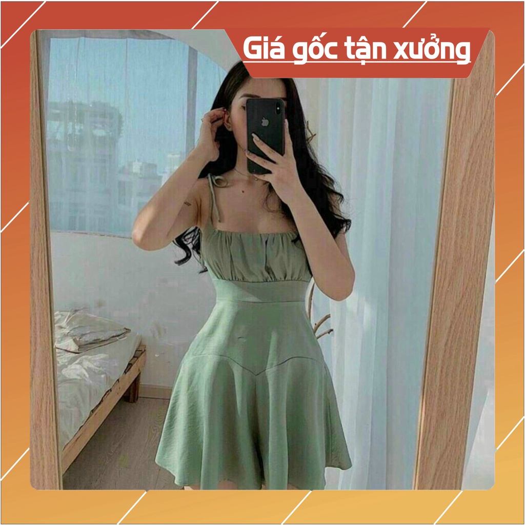 Đầm Nữ Xòe Hai Dây Xếp Ly (Mút Ngực) phong phú và đa dạng sắc màu (Xanh, Nâu, Vàng) trang điểm Sản phẩm |Xưởng thời tran