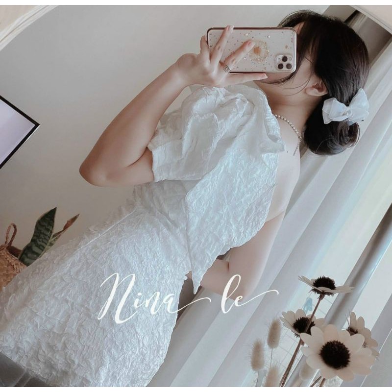 Đầm dự tiệc Gấm Nơ Lệch Vai