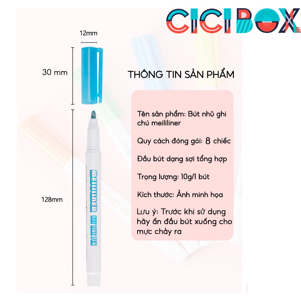 Bút nhũ ghi chú meili liner màu ánh nhũ dùng vẽ nghệ thuật, Bộ bút Highlight phong cách độc đáo CICIBOX