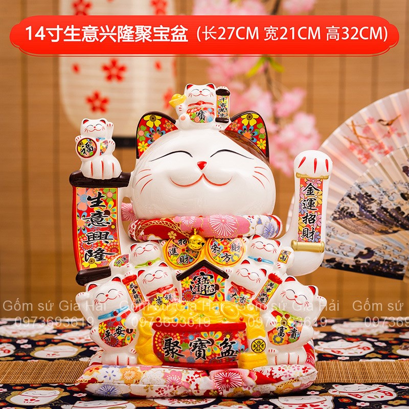 ( chọn mẫu) Mèo thần tài cao 32cm kèm đệm Mèo Thần Tài Mèo Tài Lộc May Mắn vẫy tay Nhật Bản Maneki Nekko bằng gốm sứ