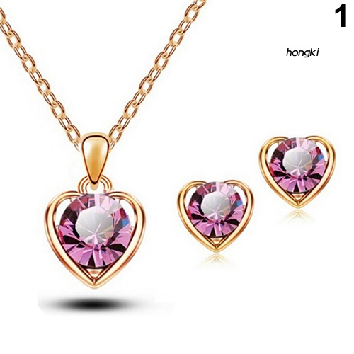 Set Vòng cổ Và Đôi Khuyên Tai Hình Trái Tim Đính Đá Pha Lê Thời Trang Dành Cho Nữ